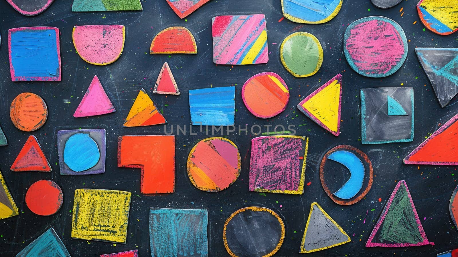 A blackboard displays a vibrant array of geometric shapes and patterns created with chalk, showcasing creativity during a classroom art session.
