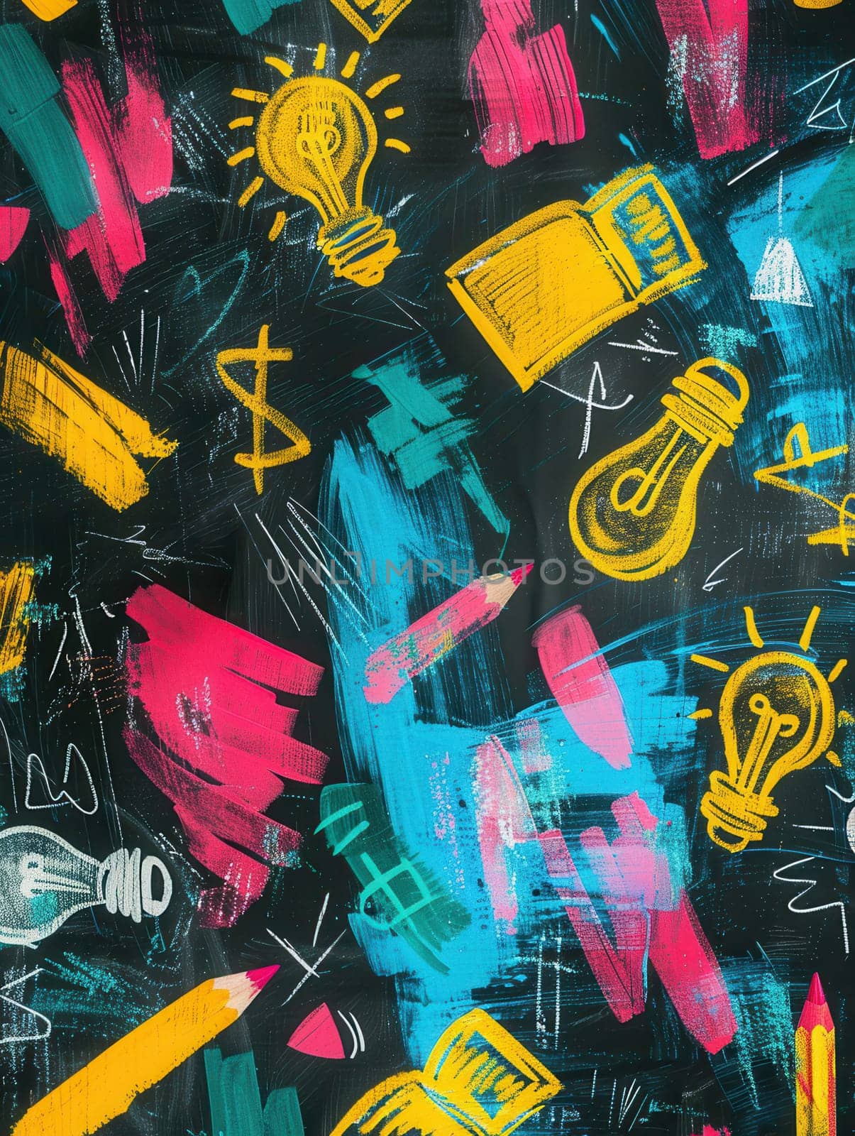 A vibrant chalkboard features colorful brush strokes and detailed drawings of classroom essentials, inspiring creativity in a school setting.