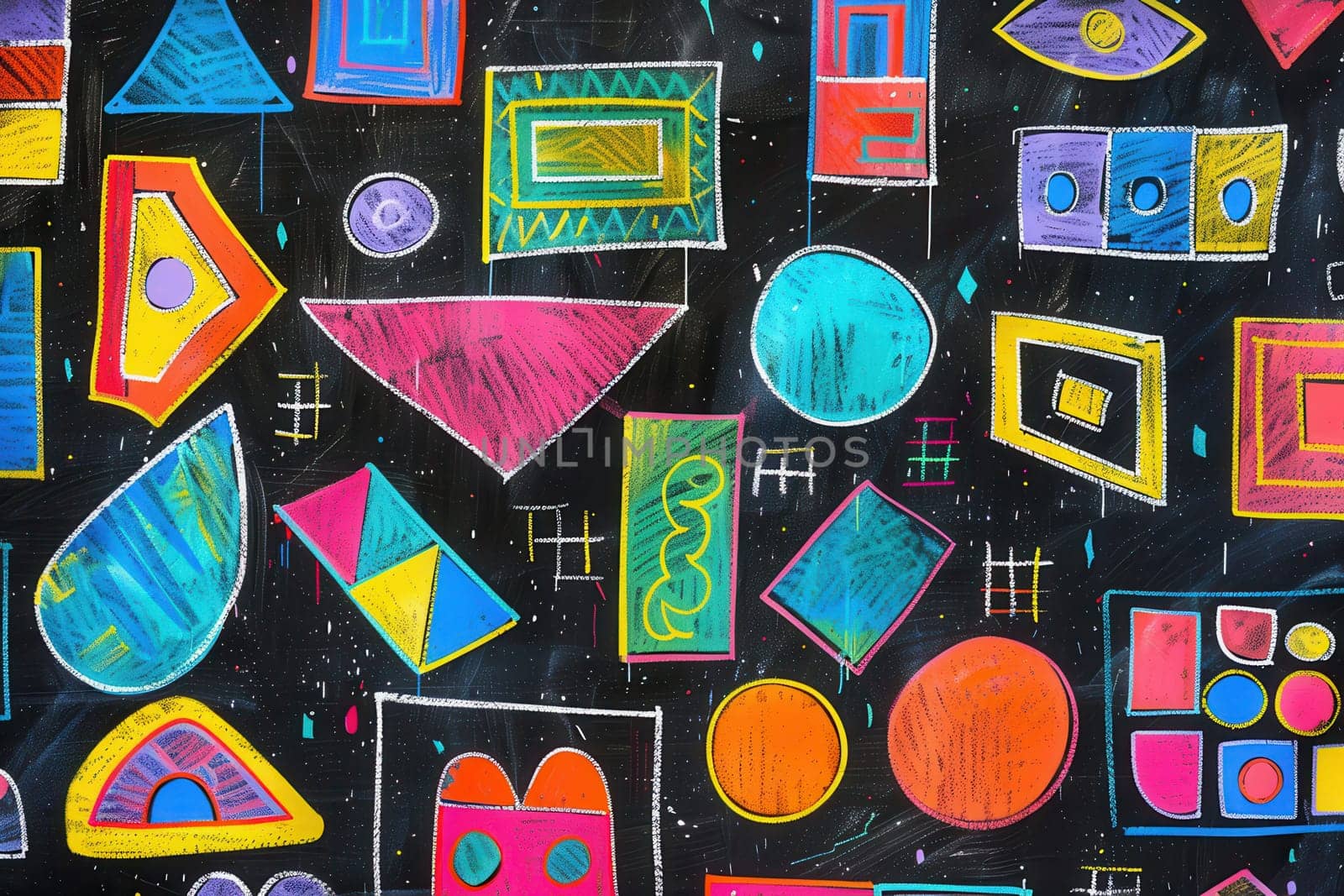 A blackboard features vibrant geometric shapes and patterns, showcasing creativity in an engaging educational environment.