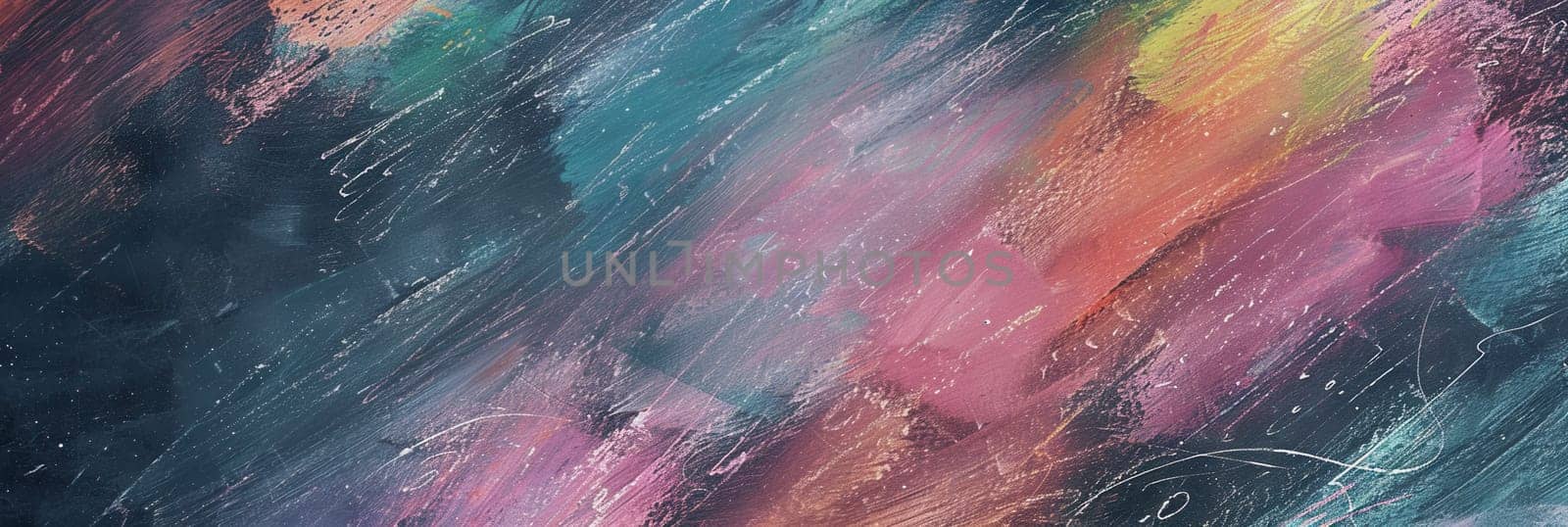 A chalkboard displays vibrant spirals and abstract shapes, showcasing creativity in a lively classroom during an engaging art activity.