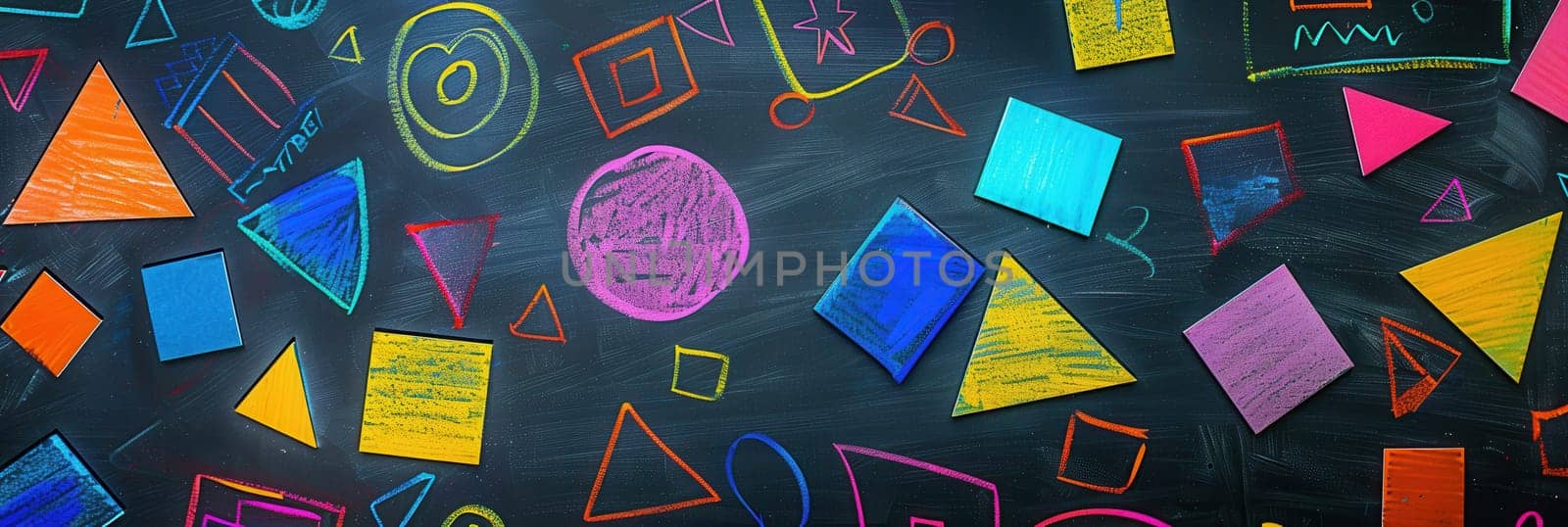 A blackboard displays vibrant geometric shapes and patterns, showcasing students' creativity during an art project in the classroom.