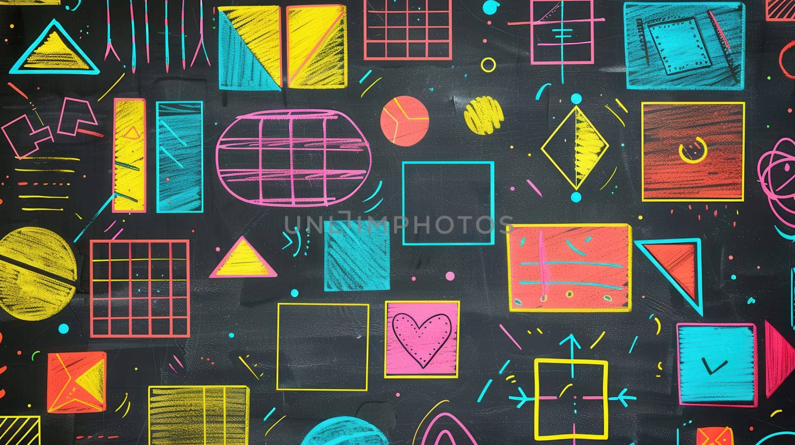 A blackboard displays vibrant geometric shapes and patterns, showcasing creativity during a lesson in an art classroom.