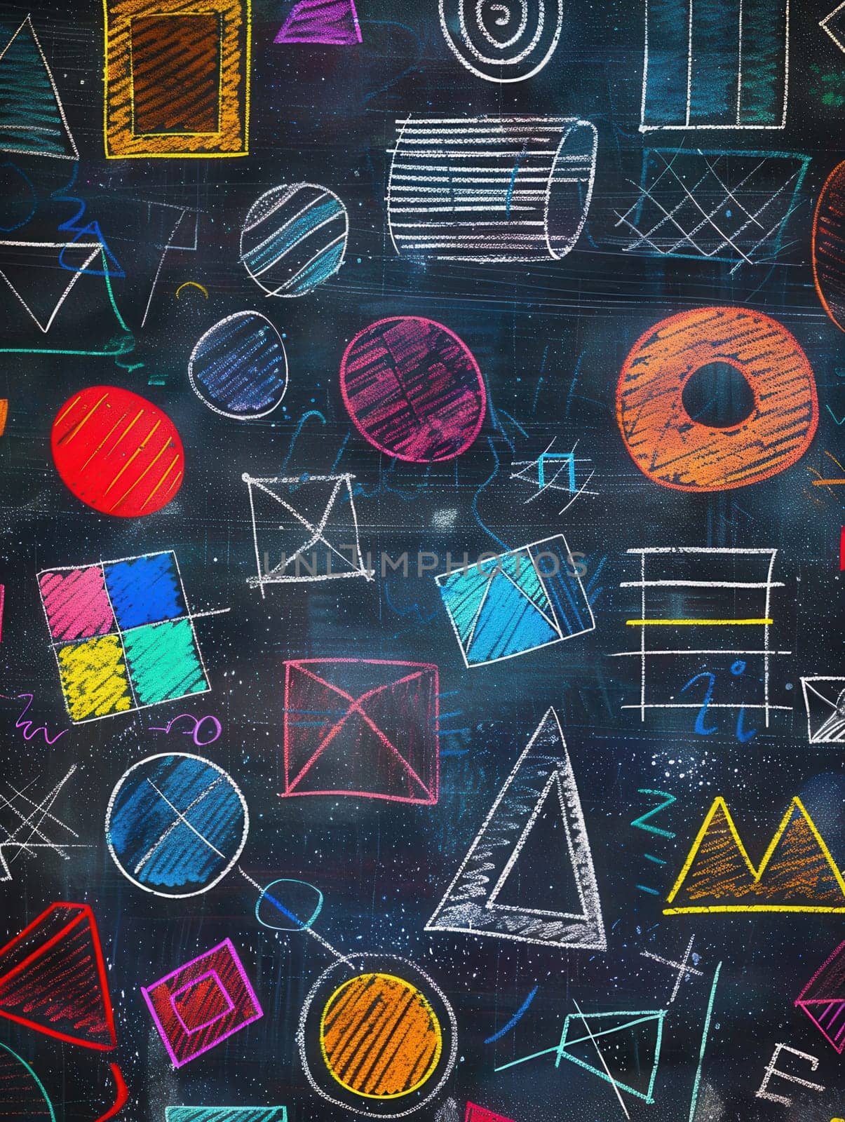 A blackboard filled with vibrant geometric shapes and patterns created during an engaging art activity in a classroom setting.