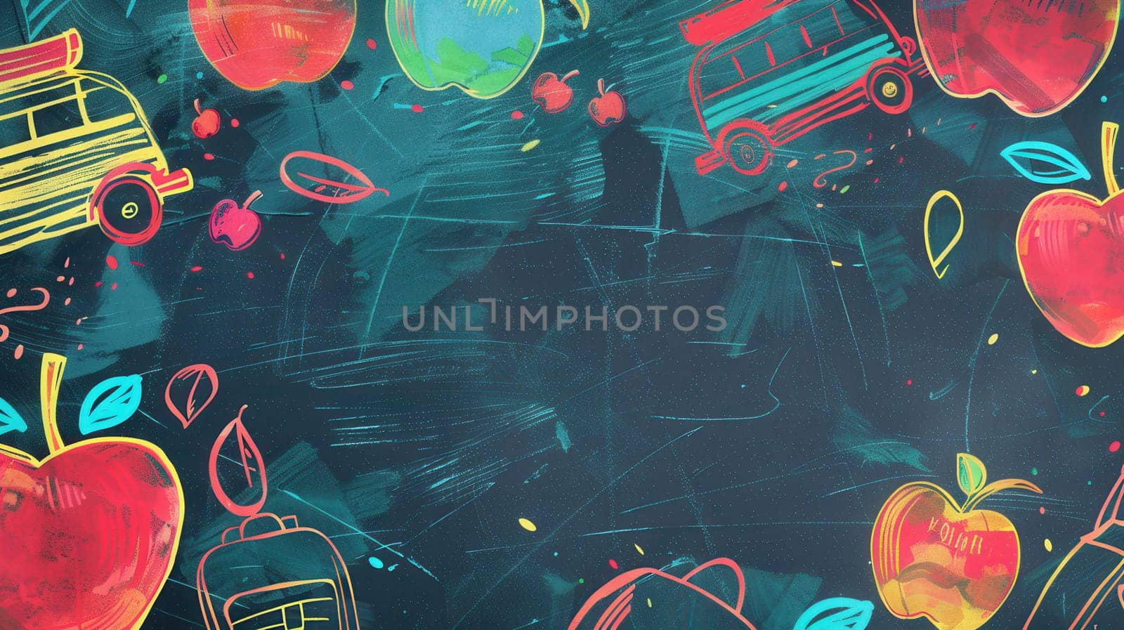 A chalkboard adorned with vibrant brush strokes and illustrations of globes, rulers, and lightbulbs creates an engaging educational atmosphere.