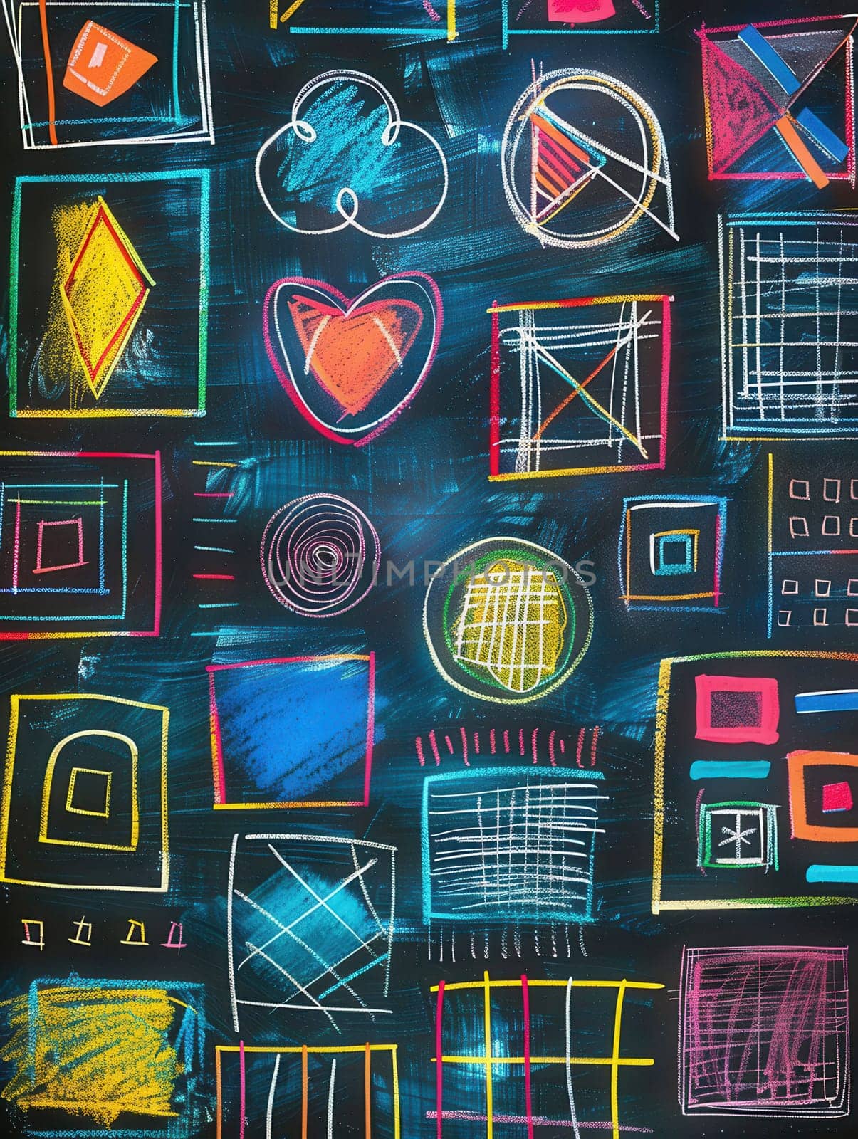 Vibrant geometric shapes and patterns adorn a blackboard, showcasing creativity in an elementary art classroom.