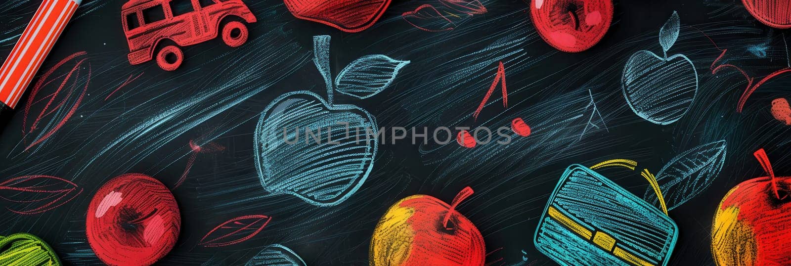 A chalkboard adorned with vibrant brush strokes and detailed drawings of educational tools like globes, calculators, and lightbulbs inspires creativity and learning.