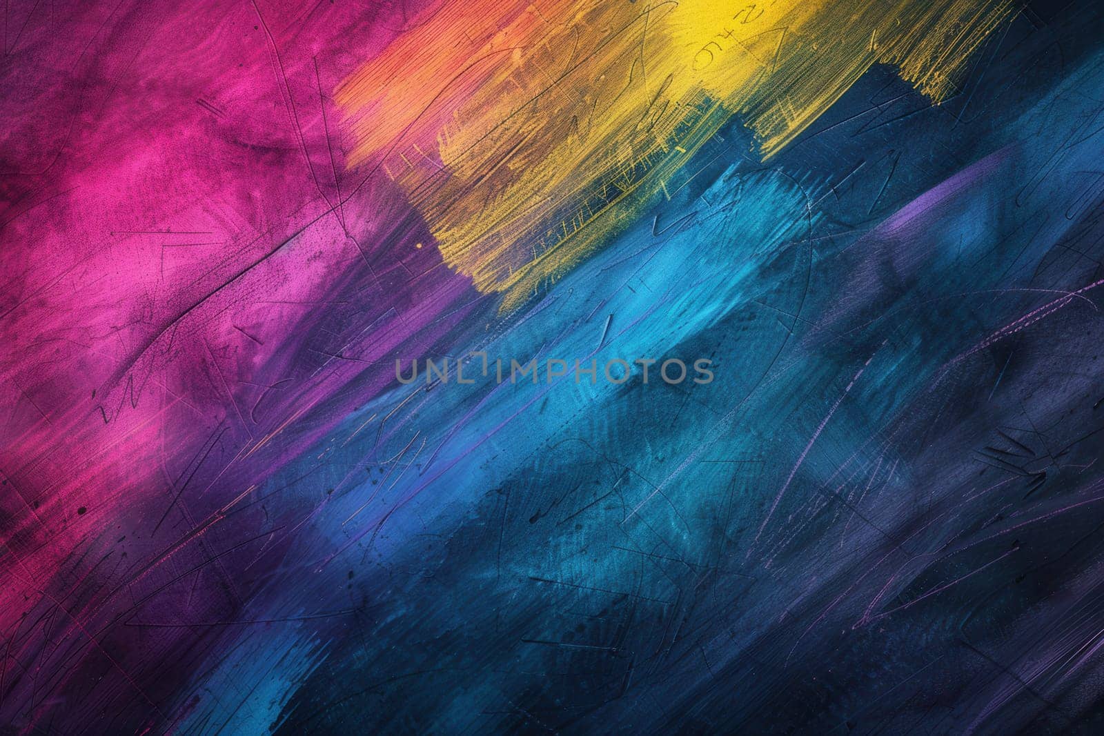 A chalkboard displays vibrant spirals and abstract shapes, showcasing creativity in a lively classroom environment.
