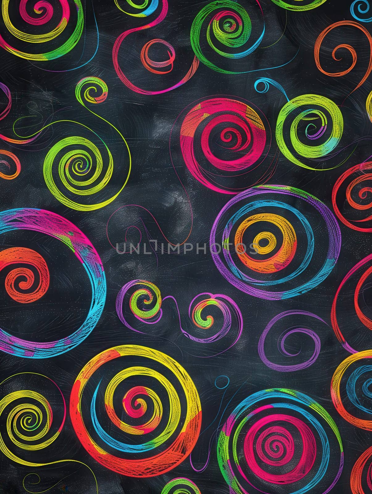 A chalkboard is filled with vibrant spirals and abstract shapes, showcasing a playful, artistic expression in a learning environment.