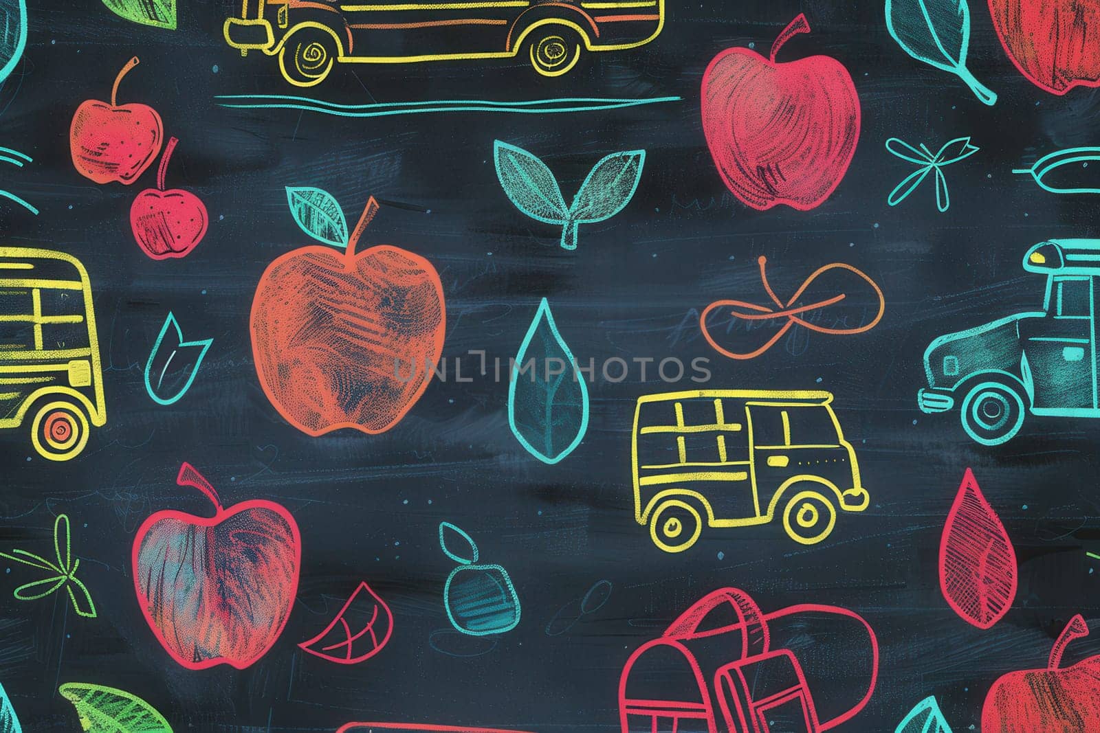 A vibrant chalkboard showcases colorful brush strokes and detailed drawings of classroom items like globes, rulers, calculators, and lightbulbs.
