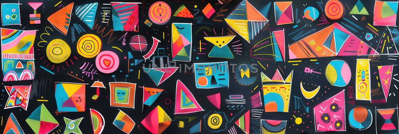 Brightly colored geometric shapes and patterns fill a blackboard, showcasing creativity and artistic expression during an engaging art class.