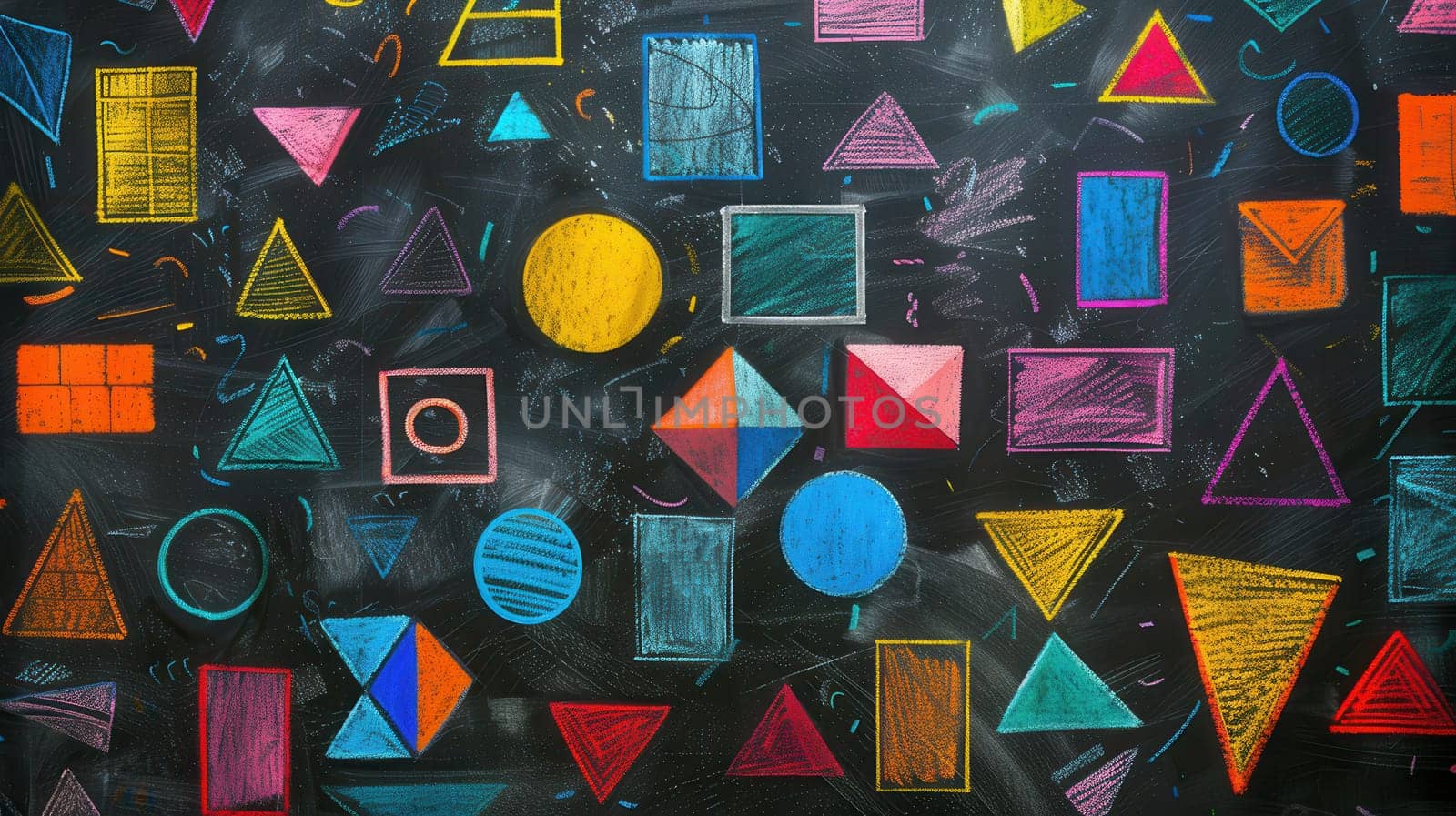 A blackboard features a vibrant array of geometric shapes and patterns created with colored chalk, showcasing creativity and learning in a classroom environment.