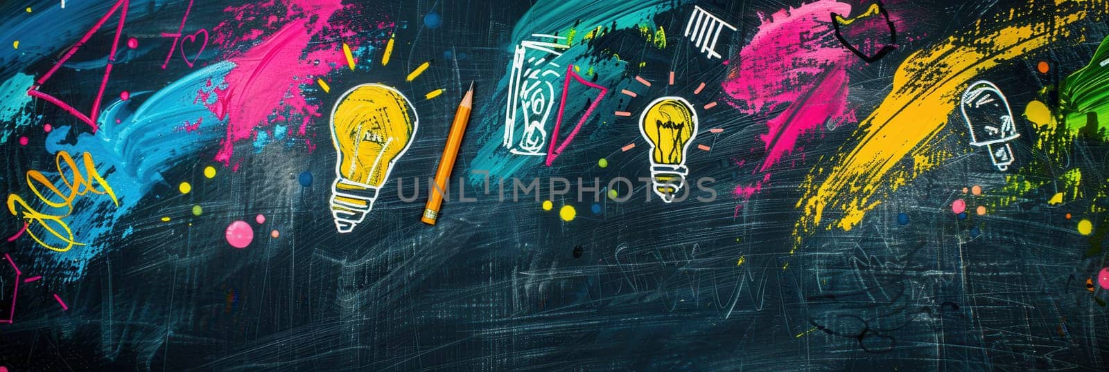 A chalkboard features vibrant brush strokes and drawings of globes, rulers, calculators, and lightbulbs, creating an engaging educational atmosphere.