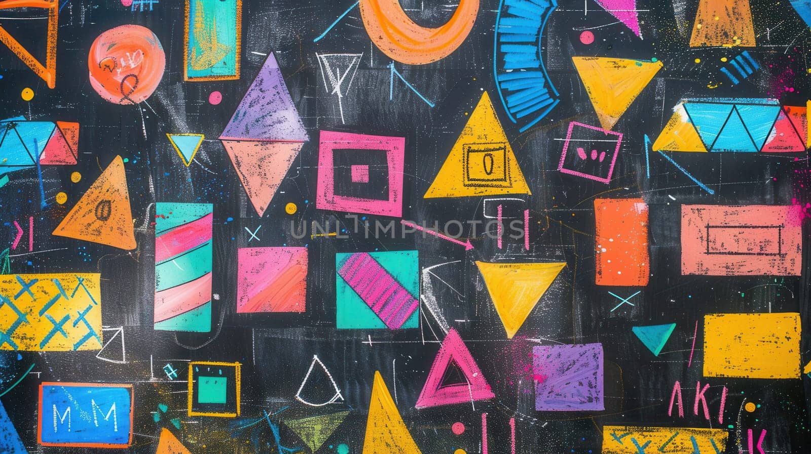 A blackboard displays vibrant geometric shapes and patterns, showcasing creativity and artistic expression during an educational activity.