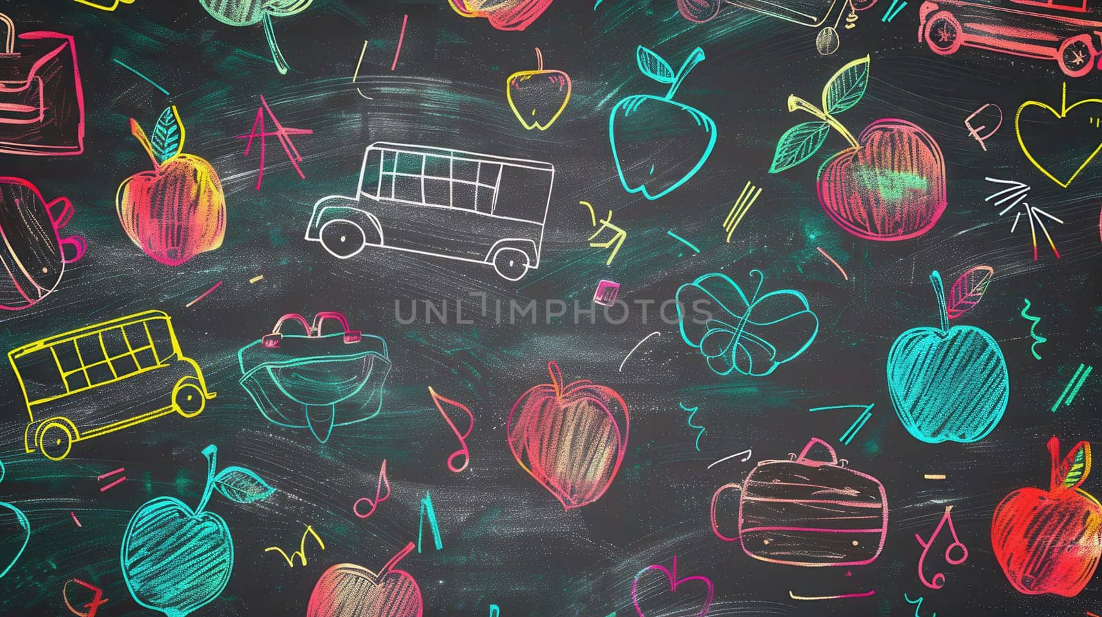 A vibrant chalkboard features colorful designs of classroom items, including globes, rulers, calculators, and lightbulbs, enhancing the educational atmosphere.