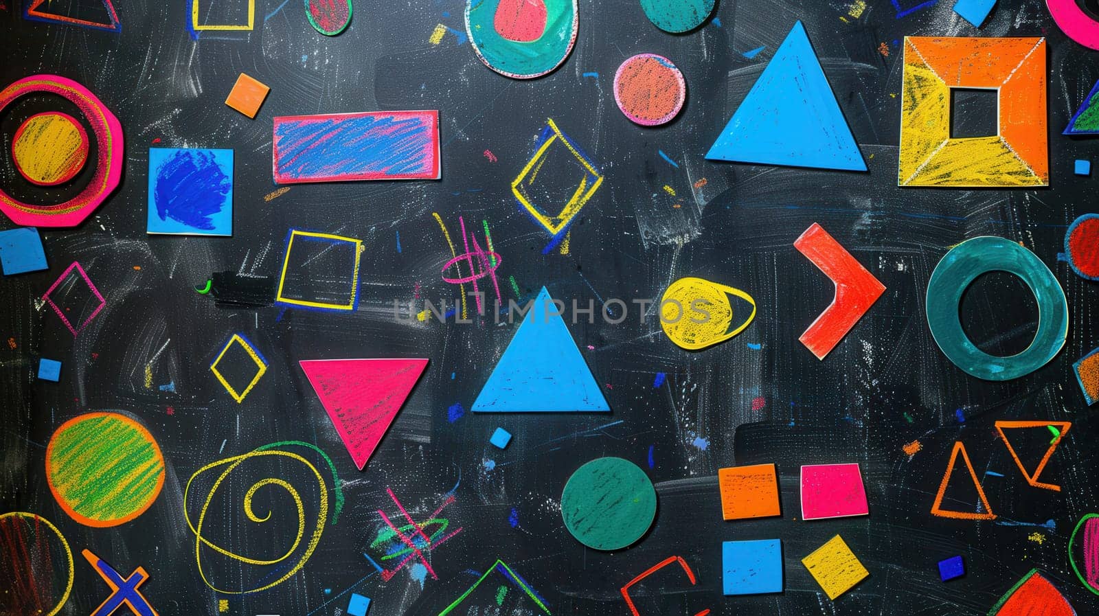 A blackboard features an array of colorful geometric shapes and patterns, showcasing creativity during an art class filled with vibrant designs.