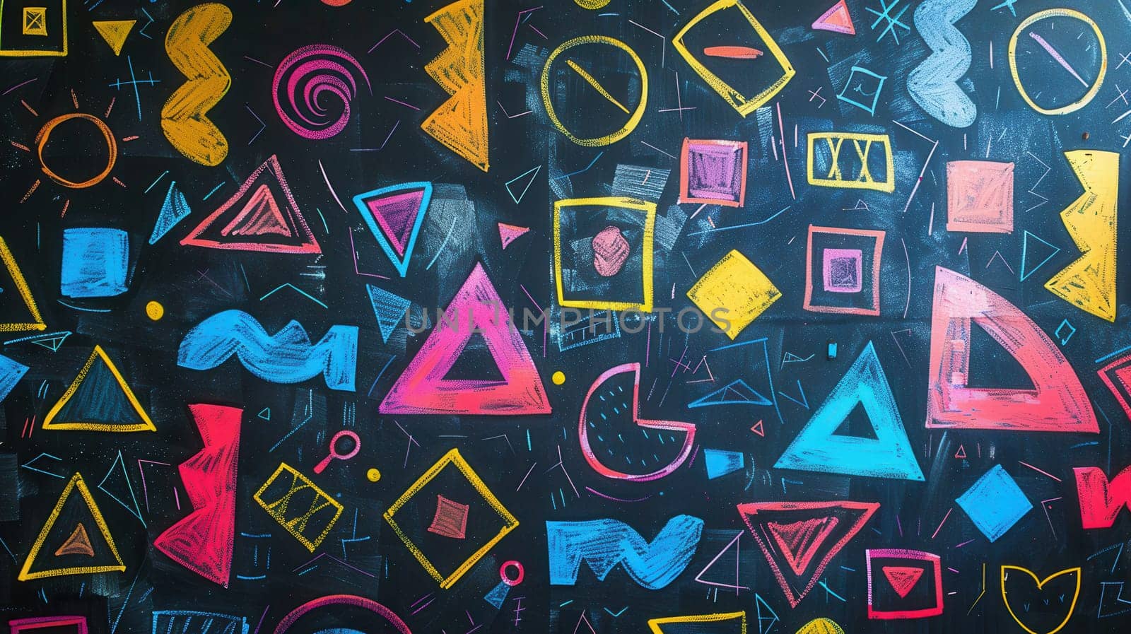A blackboard is filled with vibrant geometric shapes and patterns, showcasing creativity and learning in an educational environment.