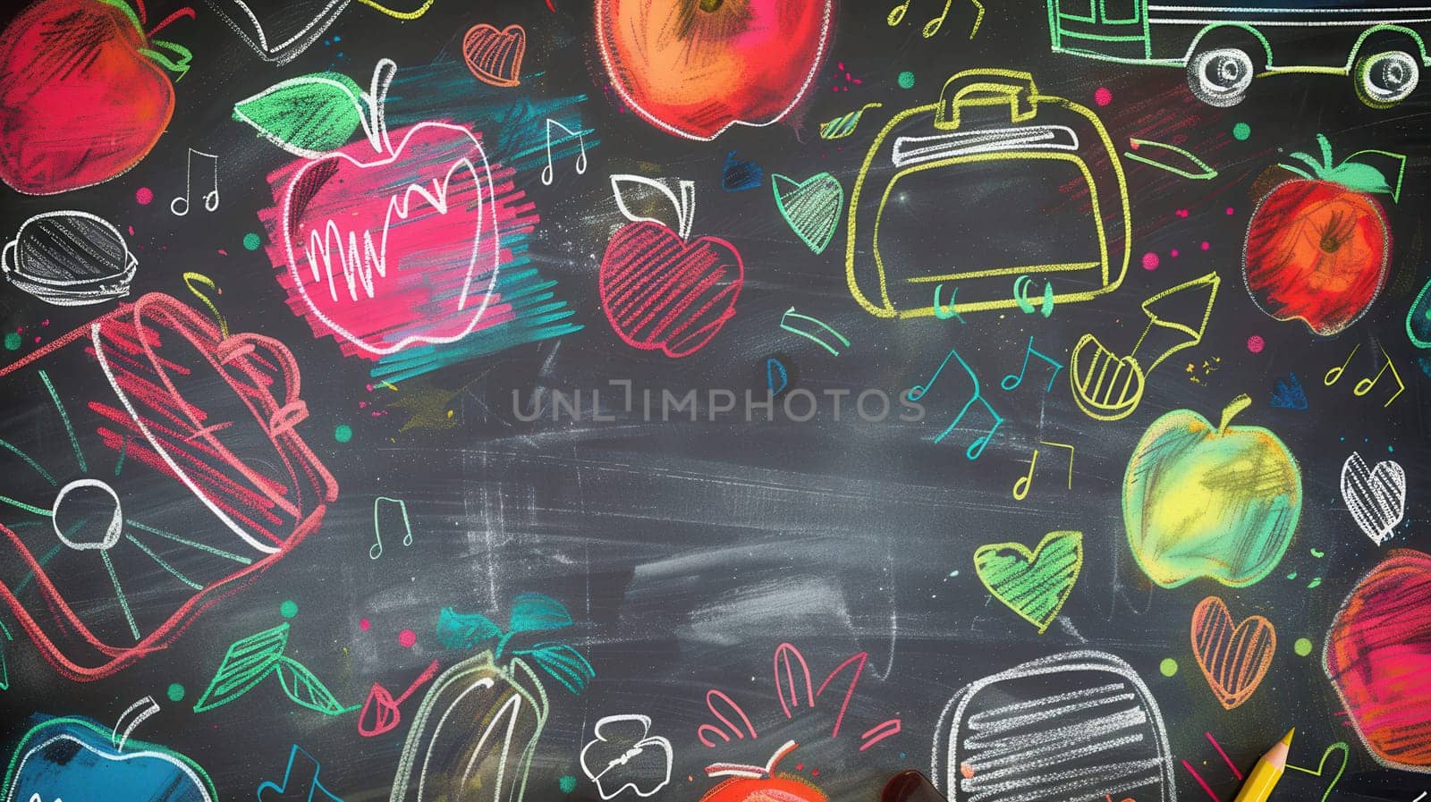 A vibrant chalkboard adorned with colorful drawings of classroom items, bringing life and creativity to the educational space.