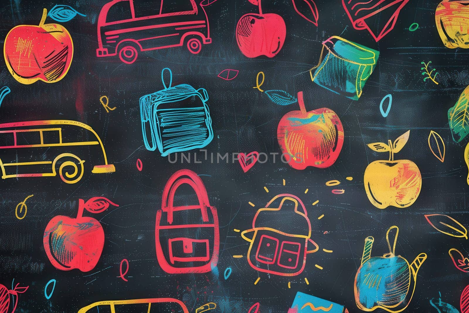 A vibrant chalkboard adorned with colorful brush strokes and intricate drawings of educational items, inspiring creativity in the classroom.