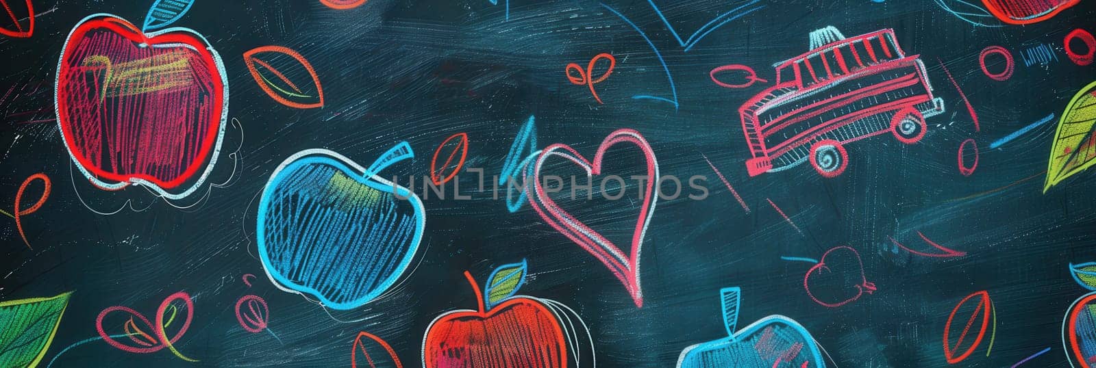 A chalkboard showcases colorful brush strokes and intricate drawings of globes, rulers, calculators, apples, and lightbulbs, creating an inviting educational atmosphere.
