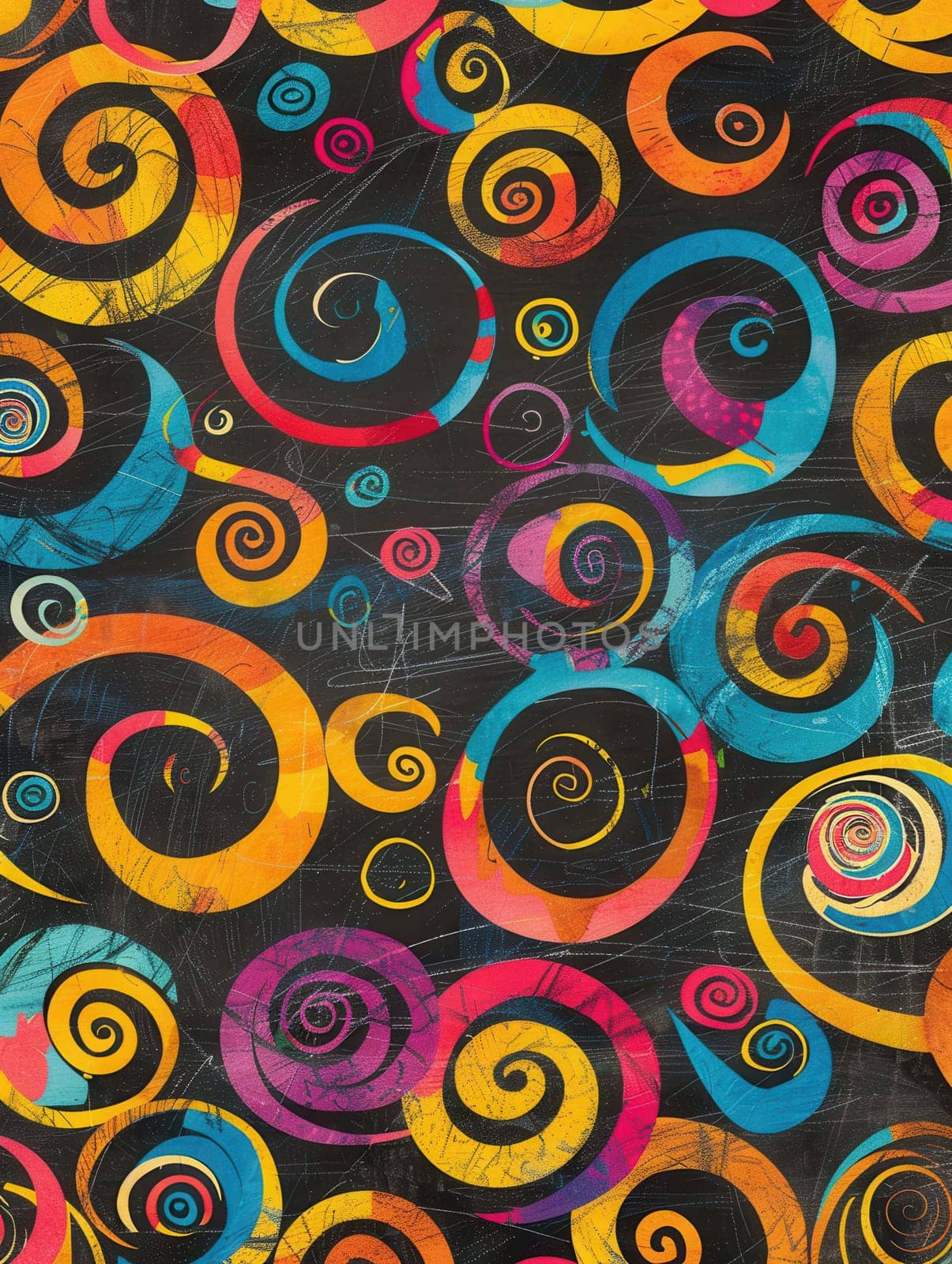 A chalkboard displays vibrant spirals and abstract shapes in a creative burst, showcasing students' artistic expressions from a recent art class.