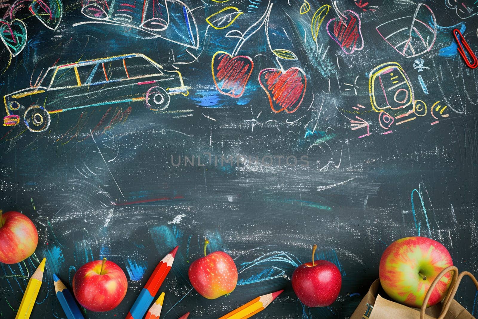 A vibrant chalkboard adorned with drawings of globes, pencils, and lightbulbs, enhancing a lively classroom atmosphere.