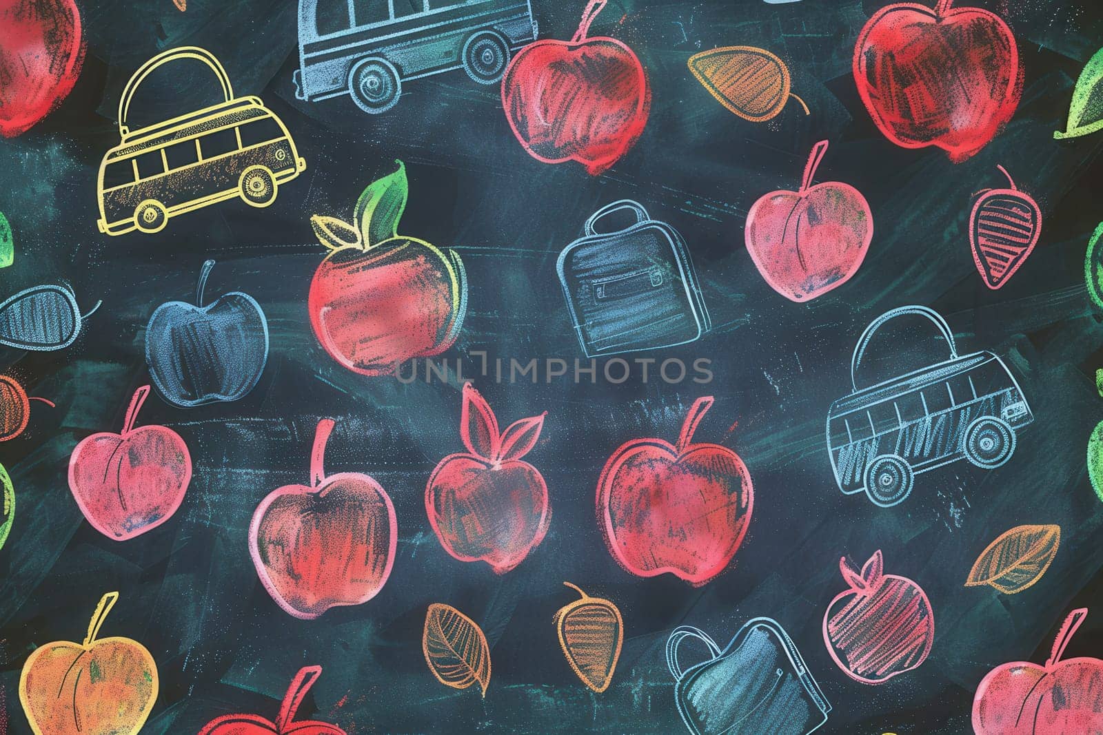 The chalkboard features vibrant brush strokes and detailed drawings of globes, rulers, calculators, pencils, lightbulbs, and various school accessories.
