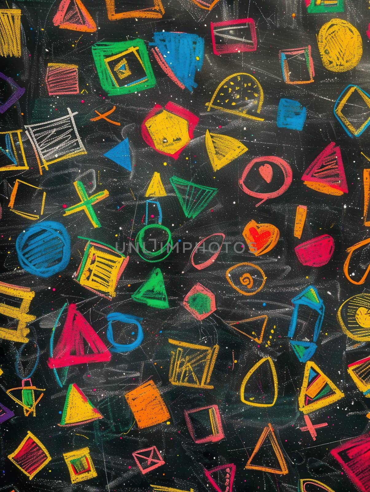 A blackboard filled with vibrant geometric shapes and patterns in various colors, showcasing creativity and artistic expression in an educational space.