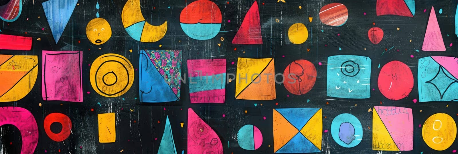 Colorful geometric shapes and patterns cover the blackboard, showcasing creativity during an art activity in a classroom.
