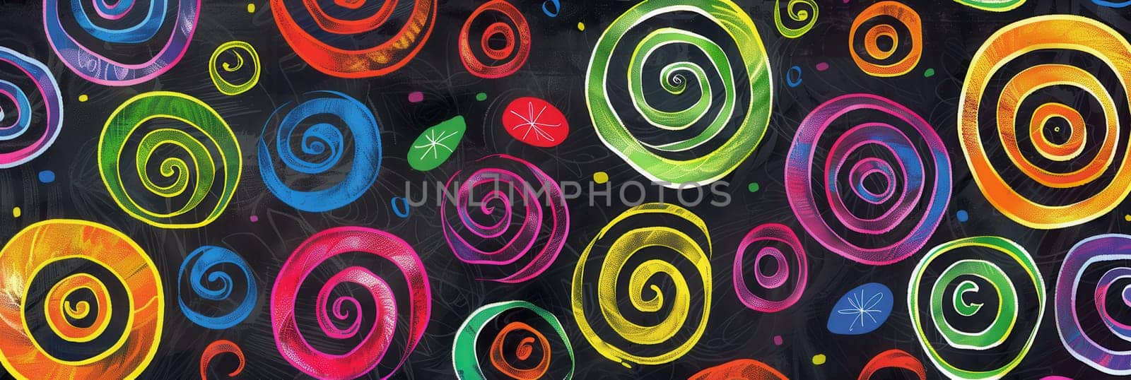 A chalkboard displays vibrant spirals and abstract shapes, showcasing creativity during art activities in an afternoon class setting.