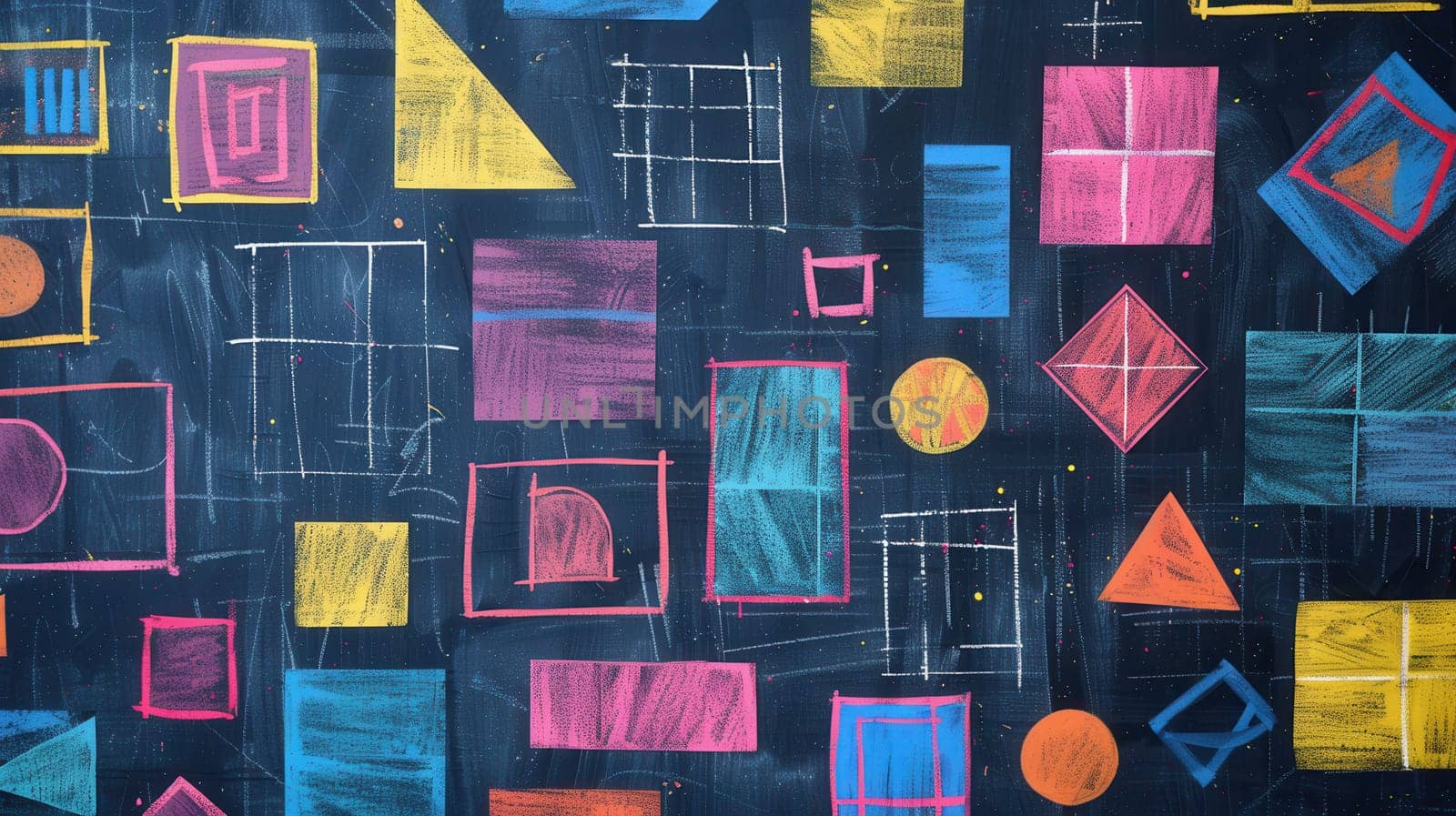 Brightly colored geometric shapes and patterns fill a blackboard, showcasing creativity and artistic expression in a classroom environment.