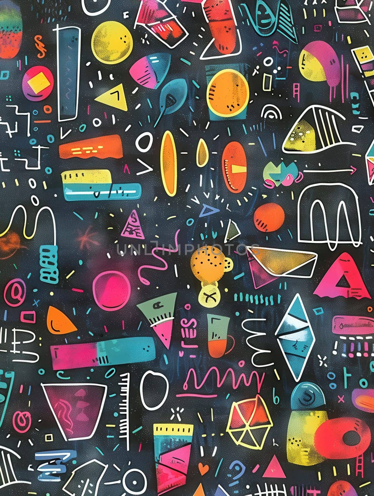 Brightly colored geometric shapes and patterns are meticulously drawn across a blackboard, showcasing creativity during an engaging art lesson.