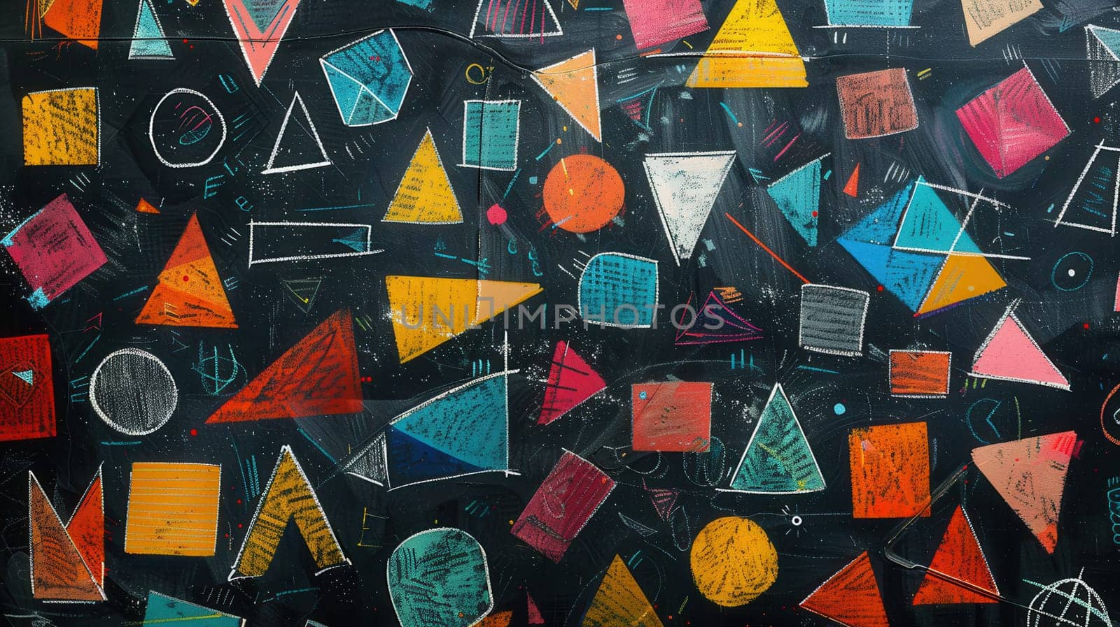 A blackboard is filled with vibrant geometric shapes and patterns, showcasing creativity in a lively classroom atmosphere.