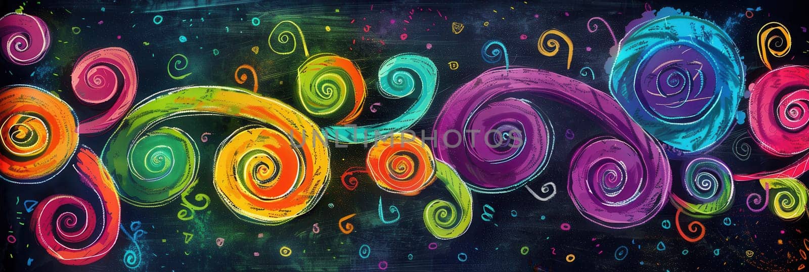 Vibrant chalk swirls and abstract shapes cover a blackboard, showcasing children's creativity during an art activity.