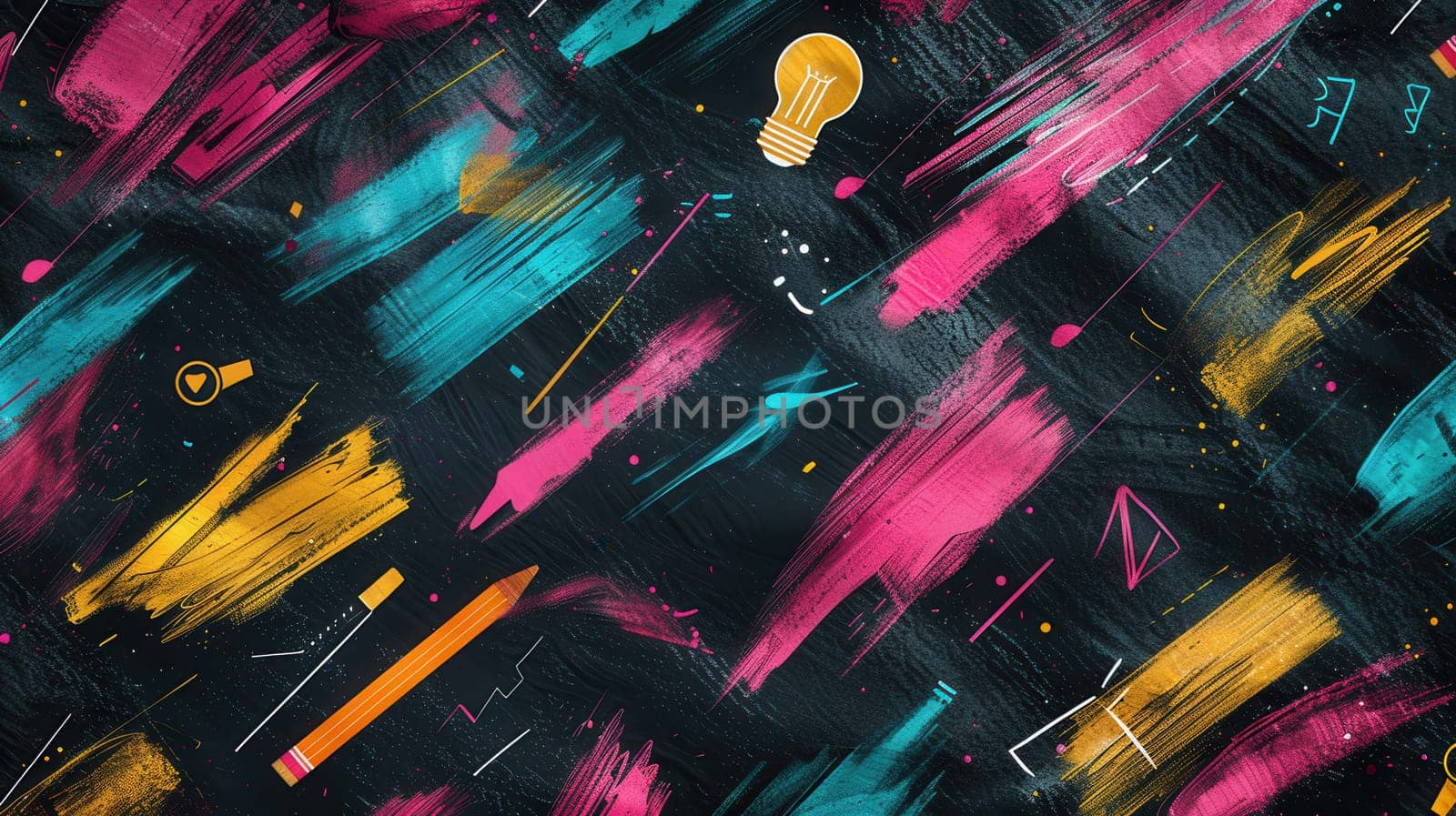The chalkboard features vibrant brush strokes and detailed drawings of classroom supplies like globes, rulers, and lightbulbs, creating an inviting atmosphere for learning.