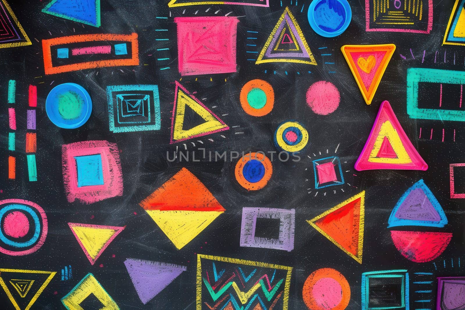 A blackboard features an array of vibrant geometric shapes and patterns drawn with chalk, showcasing creativity in a classroom setting.