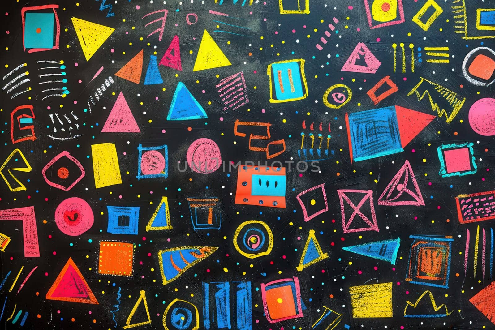 A blackboard features an array of vibrant geometric shapes and patterns, showcasing creativity in an artistic classroom environment.