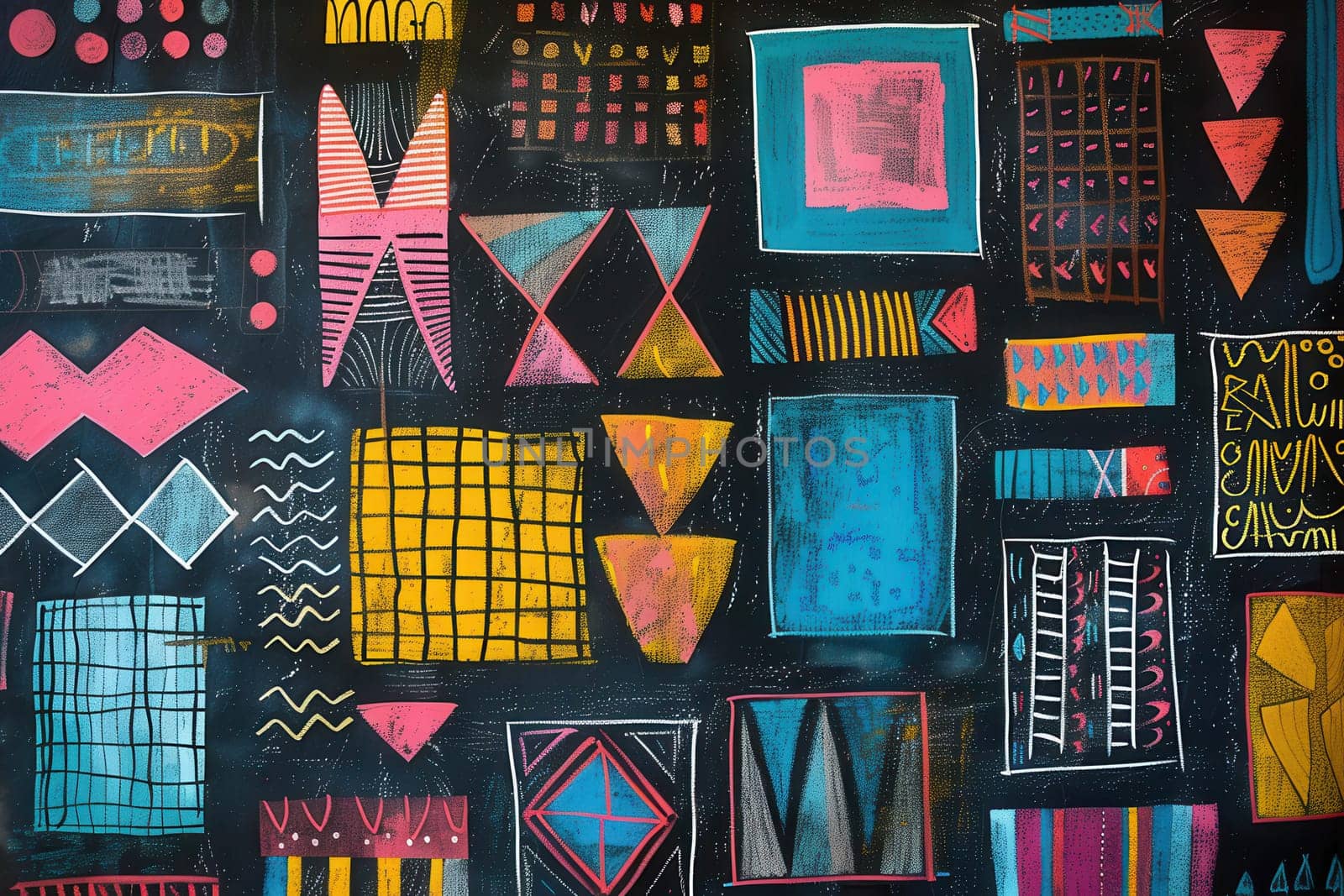 A blackboard features vibrant geometric shapes in various colors, showcasing creativity and artistic expression in an educational environment.