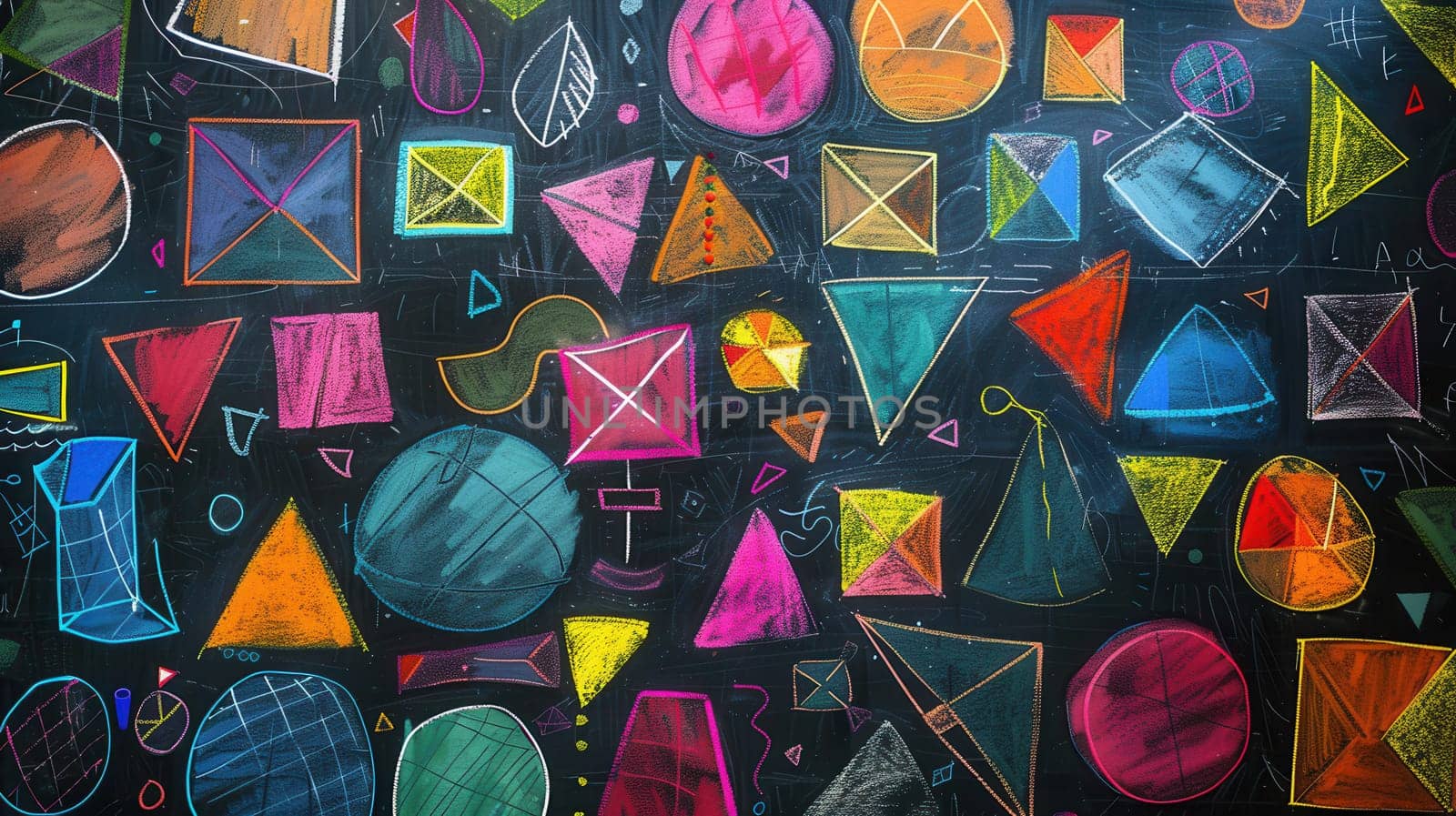 A blackboard displays a colorful array of geometric shapes and patterns, enhancing creative learning in an engaging educational environment.