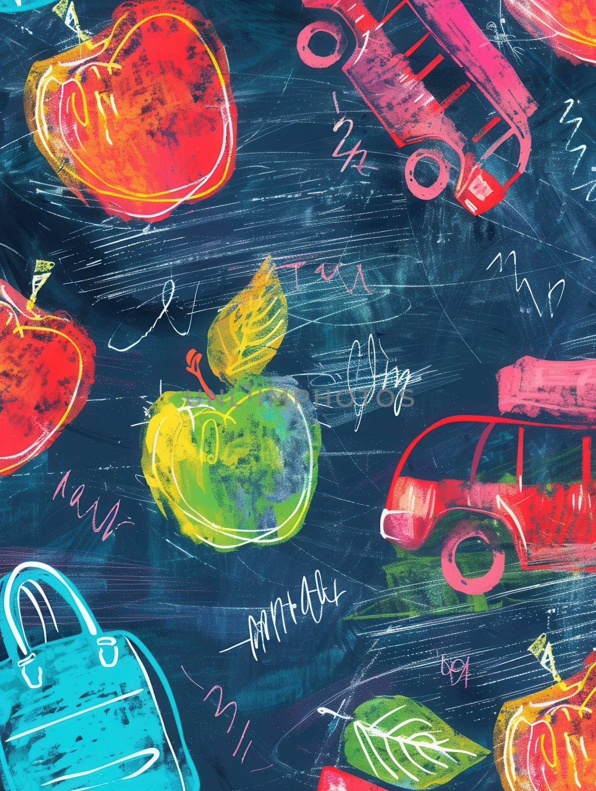 A chalkboard adorned with vibrant brush strokes showcases drawings of globes, rulers, calculators, and other school-related items for an engaging classroom atmosphere.