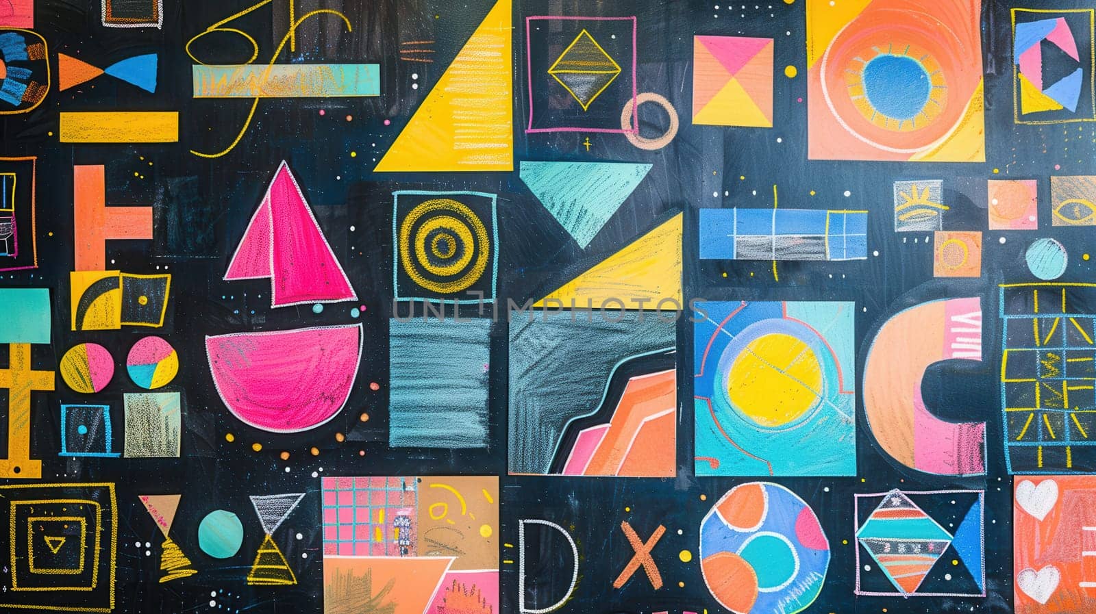 A blackboard showcases vibrant geometric shapes and patterns created during an engaging art workshop focused on creativity in a studio setting.