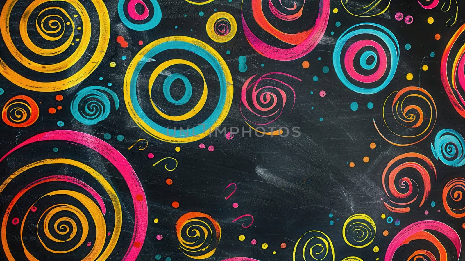 A chalkboard displays vibrant spirals and abstract shapes created during a community art workshop, showcasing creativity and artistic expression.