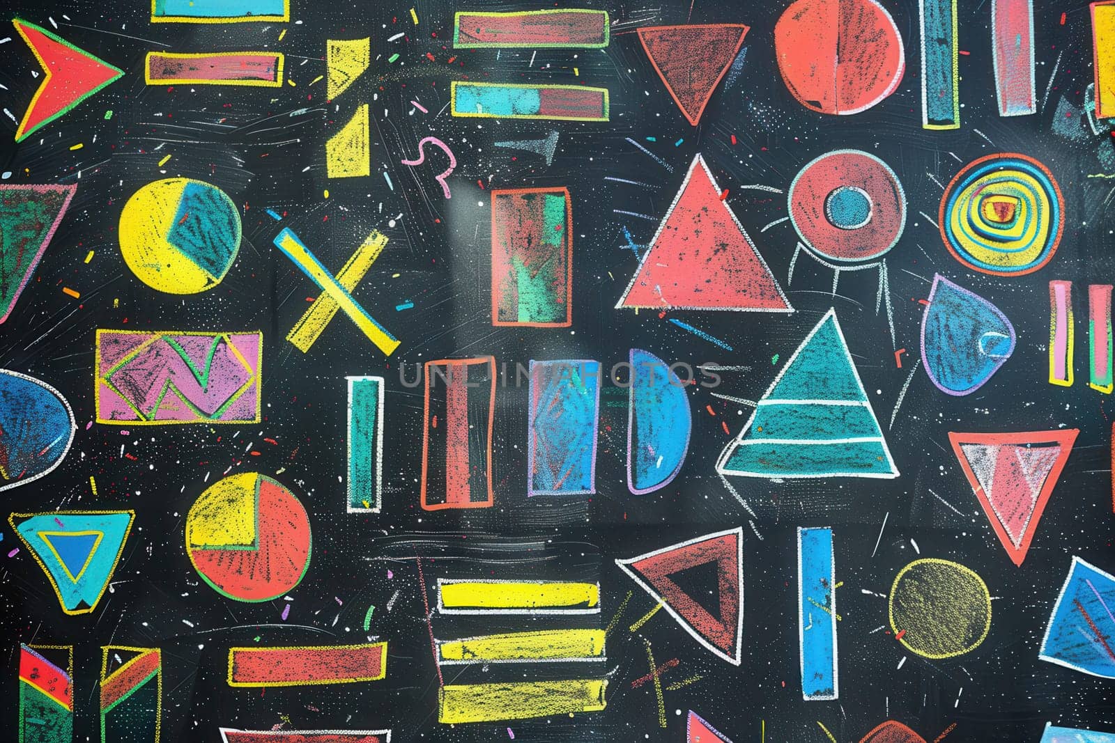 A classroom blackboard features a vibrant array of geometric shapes in various colors, created with chalk during an art lesson.