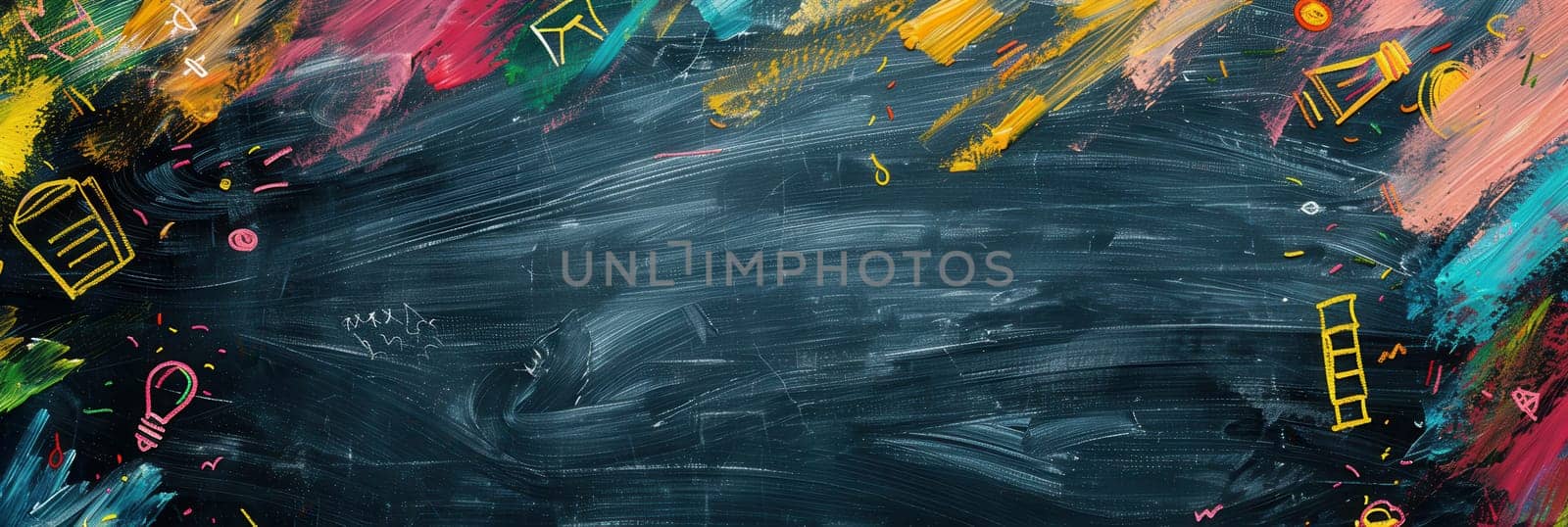 A vibrant chalkboard features colorful brush strokes and detailed drawings of educational tools, adding life to a classroom setting.
