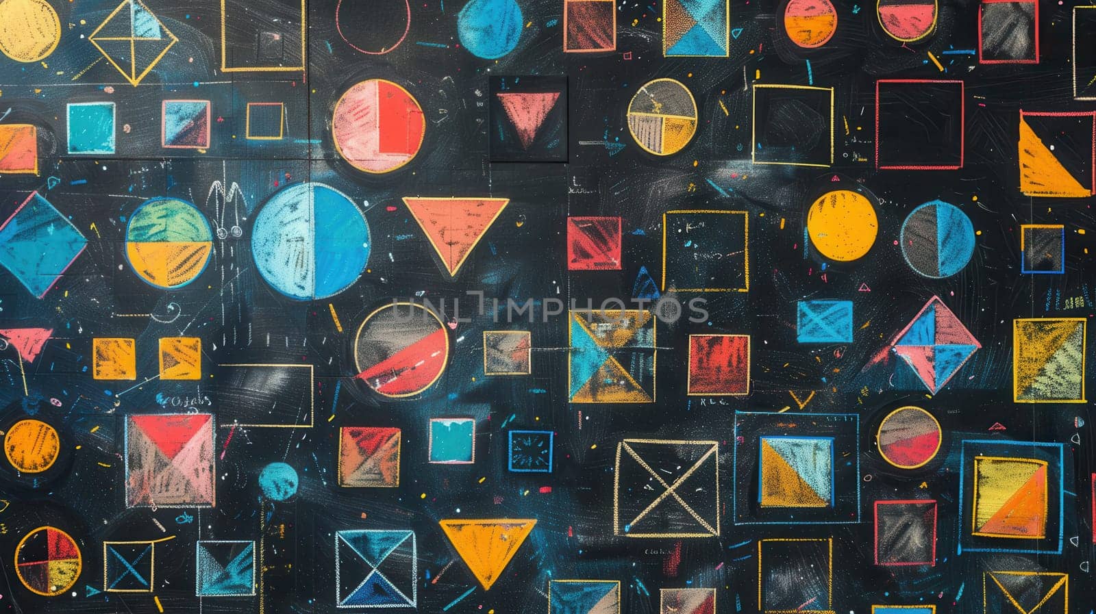 A blackboard displays various colorful geometric shapes and patterns created during an art session, showcasing creativity and collaboration among students.