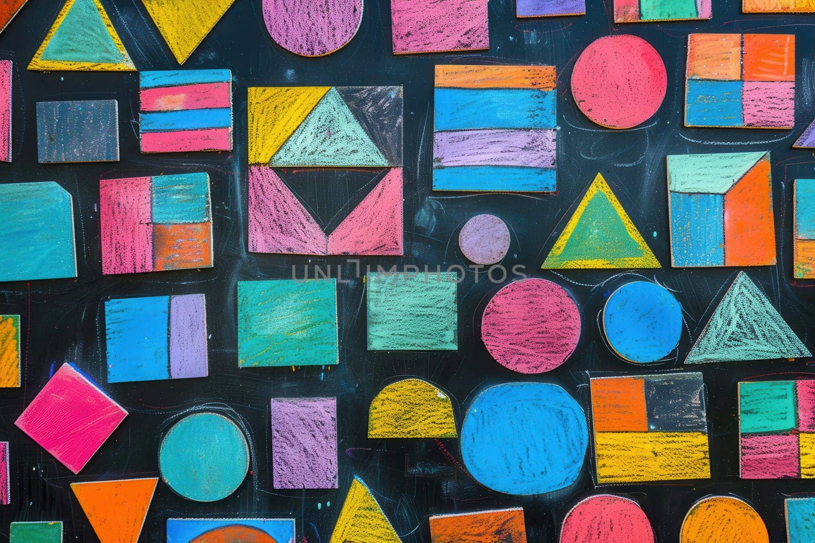 Brightly colored geometric shapes and patterns fill a blackboard, showcasing creativity and artistic expression in a lively classroom environment.