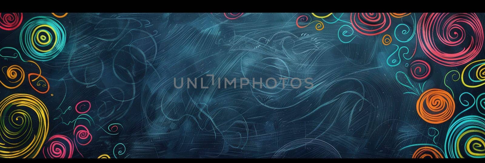The chalkboard displays vibrant spirals and abstract shapes, showcasing creativity and imagination during an engaging art class session.