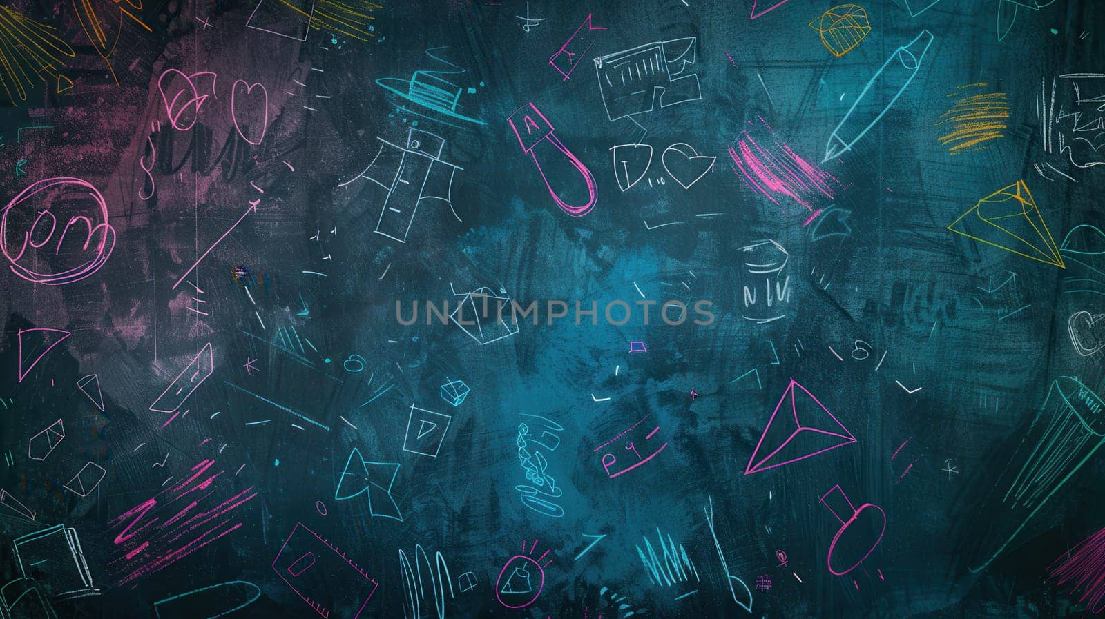 A chalkboard displays vibrant spirals and abstract shapes, showcasing creativity in a classroom environment, inviting exploration and artistic expression.