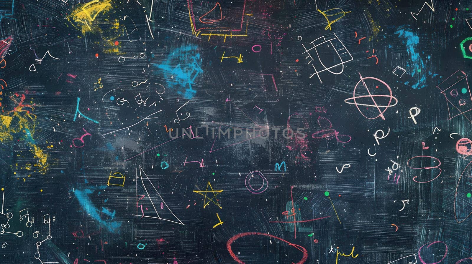 Vibrant chalk swirls and shapes cover the chalkboard, showcasing creativity and imagination during an artistic exploration session.