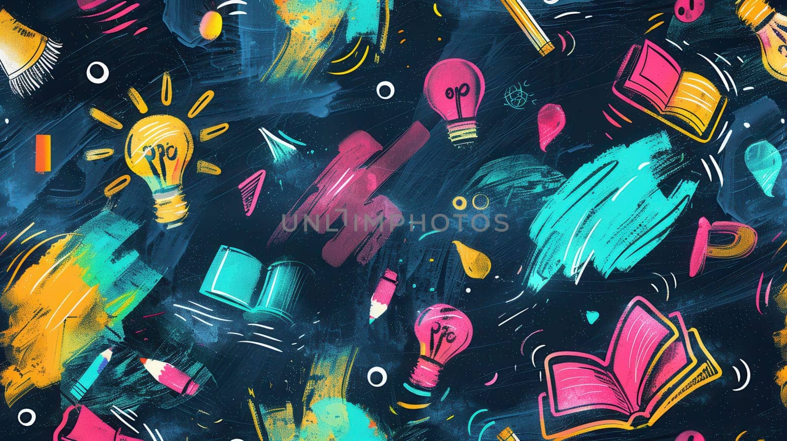 A chalkboard adorned with bright brush strokes and intricate drawings of globes, rulers, and lightbulbs brings a creative energy to the classroom.