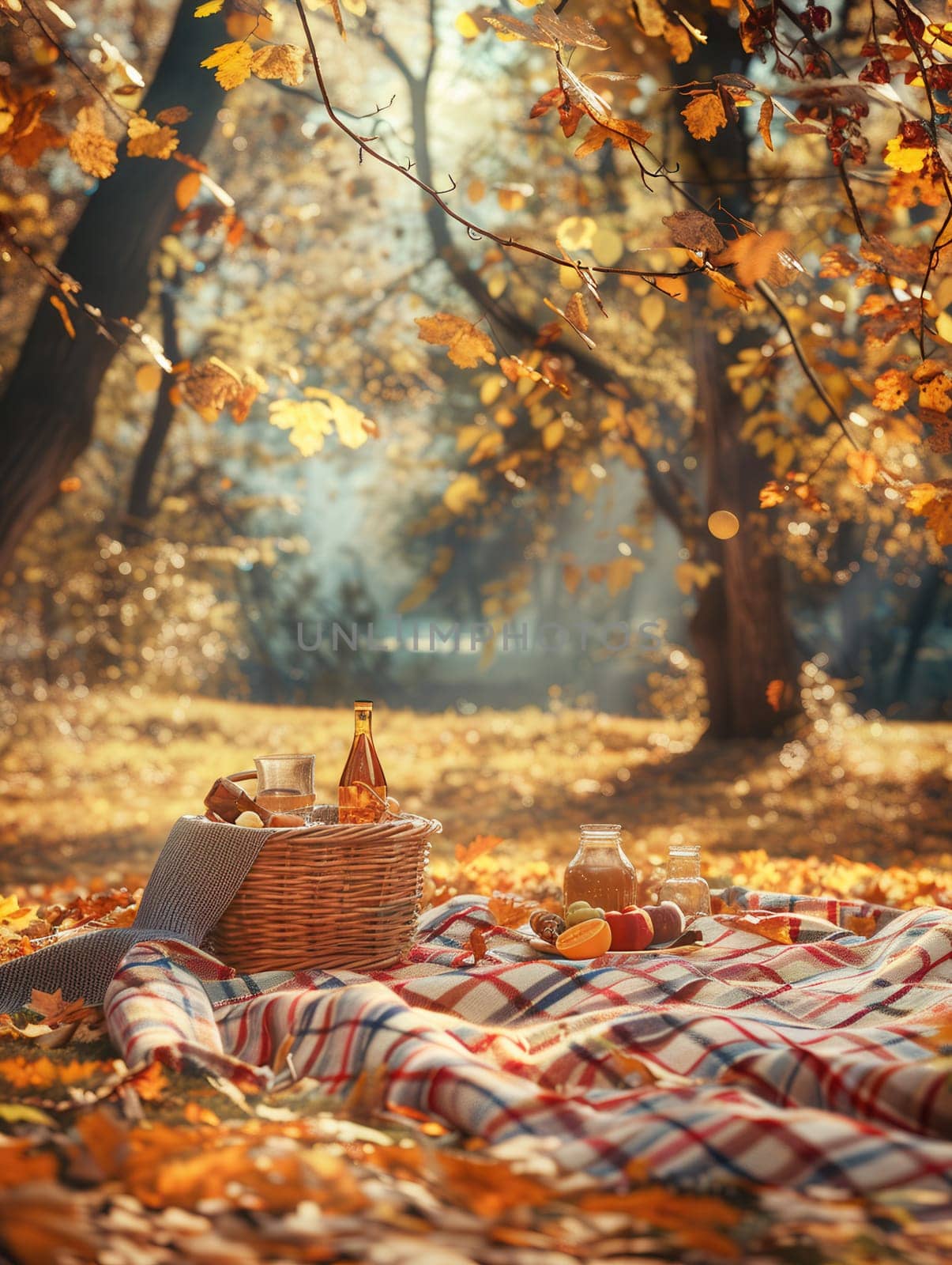 A picnic basket filled with food and drinks sits on a checkered blanket beneath a canopy of golden autumn leaves.